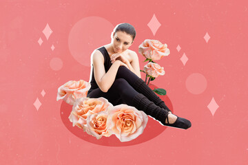 Creative drawing collage picture of elegant beautiful gentle tender woman ballerina sitting flowers roses feel peace freshness fantasy