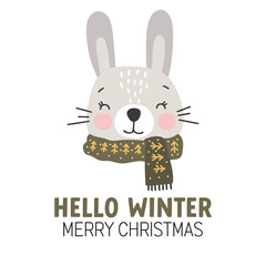 Baby animal rabbit, winter animal, cute animal cartoon vector, thickly clothed animal, adorable baby rabbit