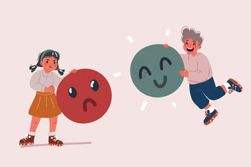 Vector illustration of kids emoticons. Bad and good Emoji. Boy and Girl