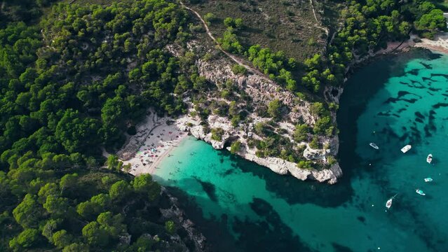 Aerial drone view of people having a good time by the beach with turquoise water. Tourists enjoy Cala Macarelleta and Macarella on the Balearic Islands, Spain, swimming and sailing yachts and boats.