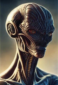 Hyper-realistic closeup illustration of an alien with red eyes