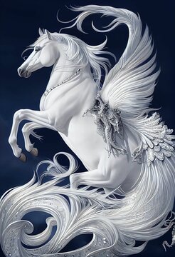 AI-generated digital illustration of a white magical flying horse with a long tail