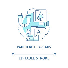 Paid healthcare ads turquoise concept icon. Hospital promotion. Medicine marketing abstract idea thin line illustration. Isolated outline drawing. Editable stroke. Arial, Myriad Pro-Bold fonts used
