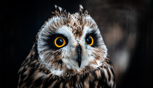 Short-eared owl (Asio flammeus) portrait in an aviary, close-up