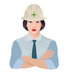 arms folded woman hat illustration transparent background industrial white hard hat
