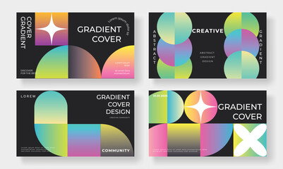 Abstract gradient cover template. Set of modern poster with geometric shapes, circles, sparkles, vibrant color. Gradient retro background for brochure, flyer, wallpaper, banner, business card.
