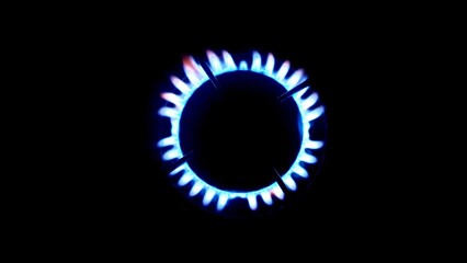 Close-up of blue fire over the home kitchen stove. Gas stove with flames burning propane gas. Industrial resources and economy concept.
