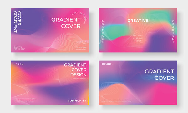 Abstract vibrant gradient cover template. Set of modern poster with gradient wavy lines, Line distortion. Gradient futuristic background for brochure, flyer, wallpaper, banner, business card.