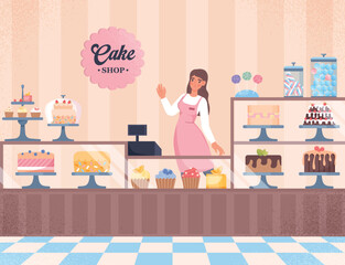 Cake shop concept. Woman stands near showcase with sweets and bakery products. Poster or banner for website. Small business owner or salesperson. Cupcake and muffins. Cartoon flat vector illustration
