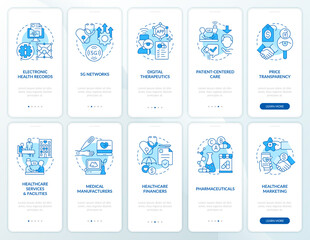 Healthcare industry trends blue onboarding mobile app screen set. Walkthrough 5 steps editable graphic instructions with linear concepts. UI, UX, GUI template. Myriad Pro-Bold, Regular fonts used