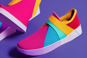 Hyper realistic illustration of a pair of creative colorful slip-ons on a purple background