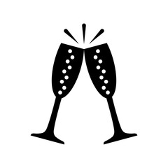 Icon of two wine glasses clinking together. Two sparkling champagne glasses clinking together. Vector illustration.