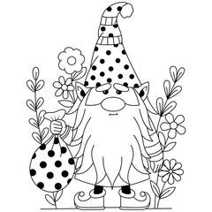 A cute Gnome holds a coin bag with some flower decoration outline coloring pages