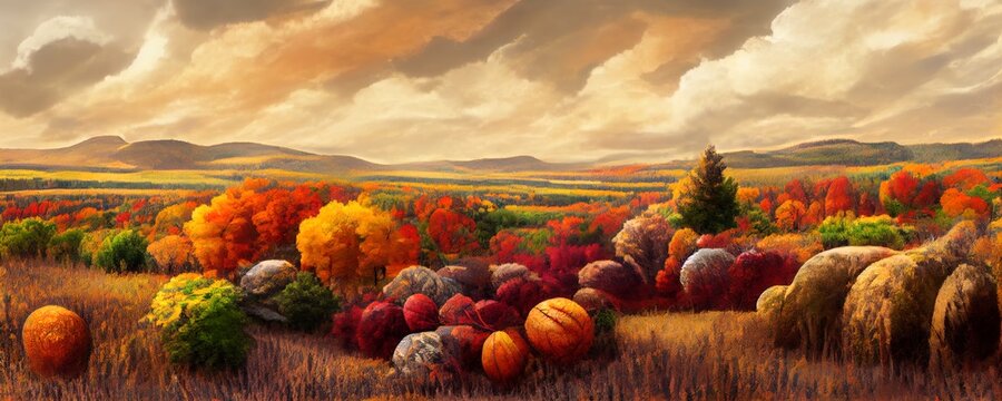 Autumn background illustration. Fall backdrop. Colors of Autumn leaves. Cartoon and painting. Forest and fields in fall. Great as background illustration for your website or art project.
