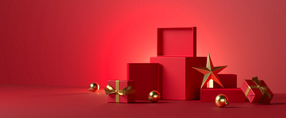 The red minimal scene with a Christmas gift box and gold ornament on a red background. 3d rendering.