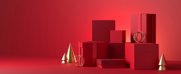Red stand and Christmas gift box with gold ornament on the minimal scene with red background. 3d rendering.