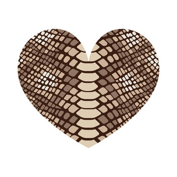 Heart shape with snake print texture. Abstract design element with wild animal reptile skin pattern. Vector brown textured heart for fashion print design, tag, Valentines card