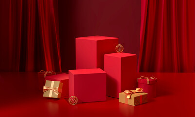 Red stand and red, gold gift box on silk curtain stage with festive background. 3d rendering.