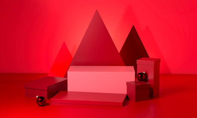 Empty red stand and gift box with geometry festive background. 3d rendering. Red background.