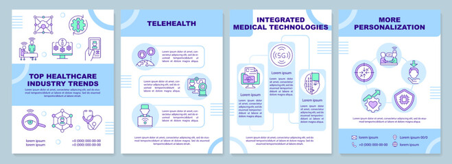 Top healthcare industry trends blue brochure template. Leaflet design with linear icons. Editable 4 vector layouts for presentation, annual reports. Arial-Black, Myriad Pro-Regular fonts used