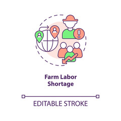 Farm labor shortage concept icon. Employment of agro workers. Lack of workforce abstract idea thin line illustration. Isolated outline drawing. Editable stroke. Arial, Myriad Pro-Bold fonts used