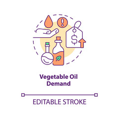 Vegetable oil demand concept icon. Agro production consumption. Food inflation abstract idea thin line illustration. Isolated outline drawing. Editable stroke. Arial, Myriad Pro-Bold fonts used