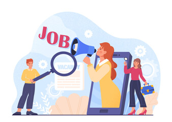 Employment agency concept. Man and woman with magnifying glass offer vacancies. Advertising poster or banner for website. Modern technologies and digital world. Cartoon isometric vector illustration