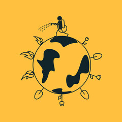 Fire extinguishing. Man saves the earth from fire. Recovery. A new life. Vector illustration on a yellow background. The Rebirth of the Earth