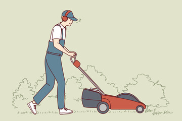 Man in uniform cut grass with electric lawn mower. Employee or worker push grass trimmer machine outdoors. Vector illustration. 