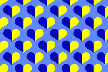 Seamless pattern of national traditional blue and yellow colour ukrainian symbols of flag in heart shape on blue background.glory,peace to Ukraine