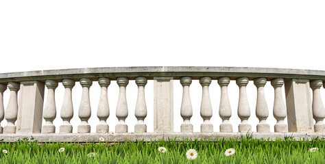 Close-up of a white stone balustrade on a green meadow (green grass and daisy flowers), isolated on white or transparent background, photography, png.
