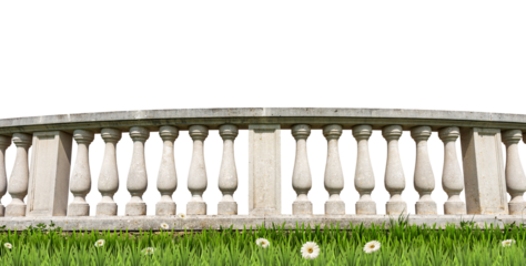 Close-up of a white stone balustrade on a green meadow (green grass and daisy flowers), isolated on white or transparent background, photography, png.