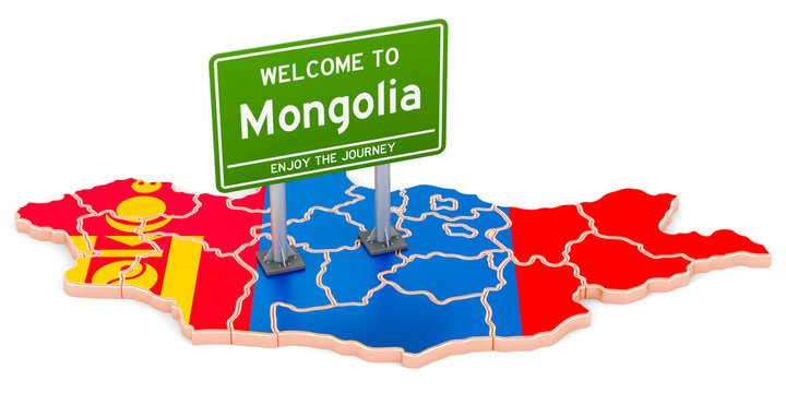 Billboard Welcome to Mongolia on Mongolian map, 3D rendering