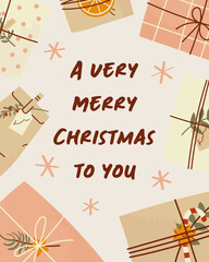 A Very Merry Christmas to you Holiday greeting cards. Cute illustration of gift boxes in a craft paper with snowflakes. New Year Invintation.