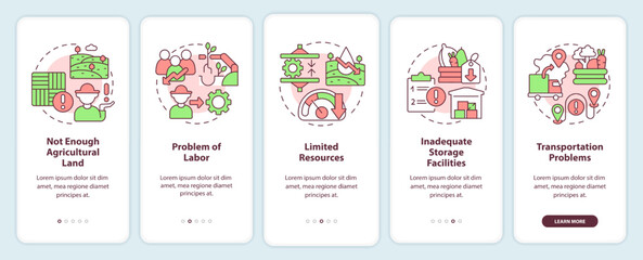 Major farming problems onboarding mobile app screen. Agro issues walkthrough 5 steps editable graphic instructions with linear concepts. UI, UX, GUI template. Myriad Pro-Bold, Regular fonts used