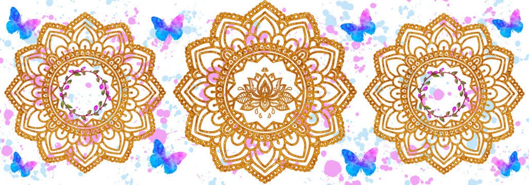 Mandala pattern with watercolour splashes, butterflies. Gold, blue illustration. Yoga, Ramadan, Celebration image.