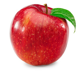 red apple with green leaf isolated on white background. clipping path