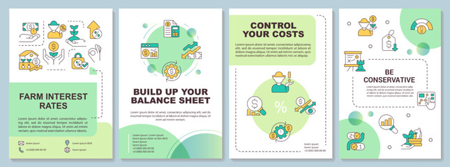 Farm business strategy green brochure template. Agribusiness. Leaflet design with linear icons. Editable 4 vector layouts for presentation, annual reports. Arial-Bold, Myriad Pro-Regular fonts used