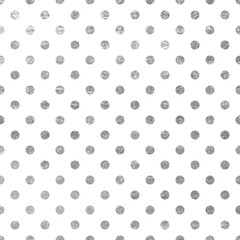 Seamless shiny silver glitter polka dot pattern on white background. - obrazy, fototapety, plakaty