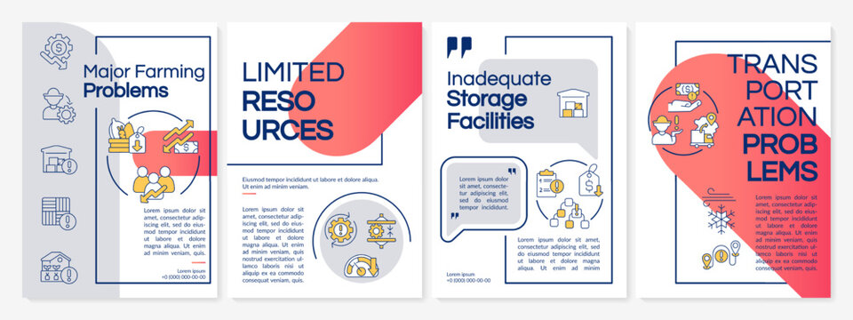 Major farming issues gray and red brochure template. Leaflet design with linear icons. Editable 4 vector layouts for presentation, annual reports. Questrial-Regular, Lato-Regular fonts used