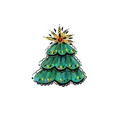 Christmas tree, green botanical element with gold decor.