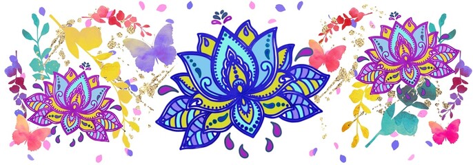 Lotus flowers, mandala, yoga pattern. Flowers, butterflies background.