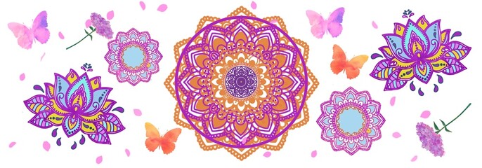 Mandala pattern with flowers, butterflies. Celebration, holiday illustration.