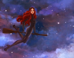 young red-haired witch flies on a broom against the background of the night sky
