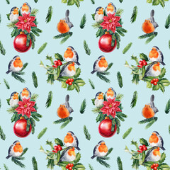Winter seamless pattern with Birds robin. Holiday background, watercolor illustration