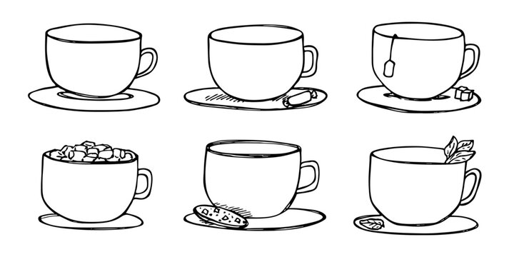 Cute cup of tea and coffee illustration. Simple mug clipart. Cozy home doodle set