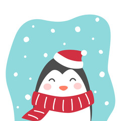 Cute cartoon Penguin. Winter character in scarf. Penguin  in flat cartoon style. Cute winter theme card with christmas Penguin. Seasonal vector illustration.