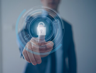 Cyber security data privacy protection, user touching secure access button and padlock