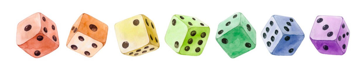 Colorful watercolor dice aligned, isolated on white.