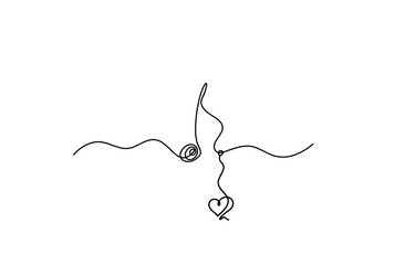 Abstract whole note with heart as continuous lines drawing on white background